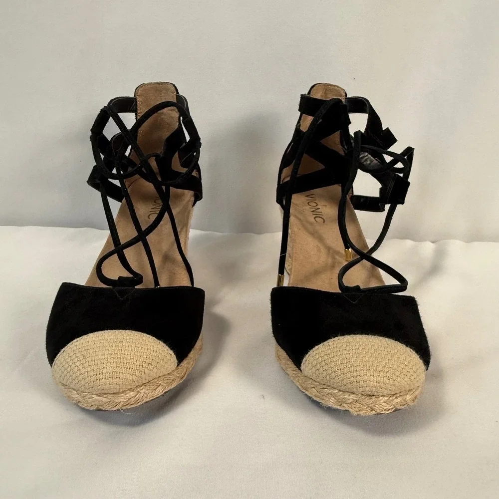 Vionic Calypso Black Suede Espadrille Wedge‎ Sandals Lace Up Cap Toe Women's 7.5